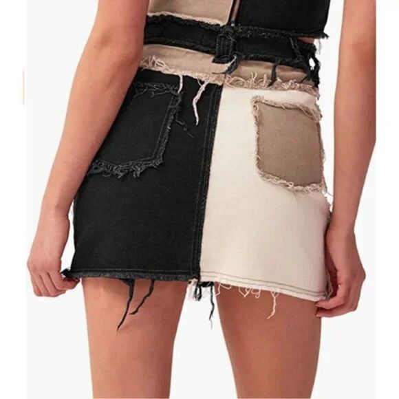 Sexy Black Colorblock Patchwork Denim Distressed Ripped Mini Bodycon Jean Skirt - Picture 3 of 7